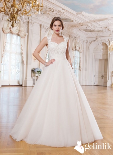 Askılı İnci Taşlı Tül A Kesim Gelinlik Modeli