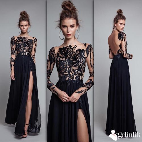 Transparan Detaylı Yırtmaçlı Siyah Abiye