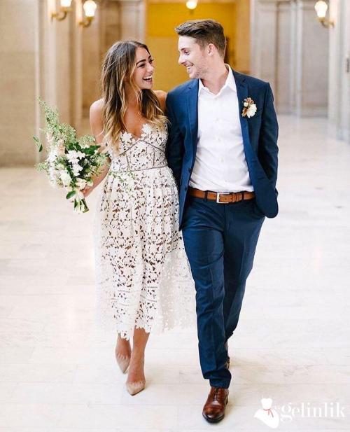 İp Askılı Model Dantel Kısa Gelinlik