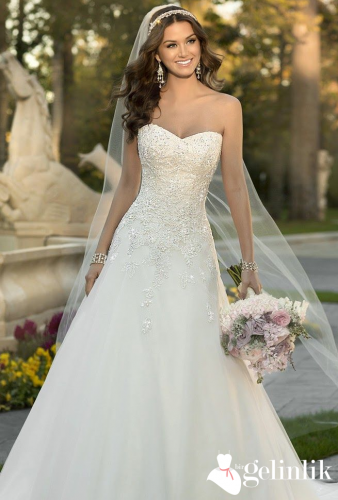Straplez İnci Taşlı Tül Duvaklı A Kesim Gelinlik Modeli