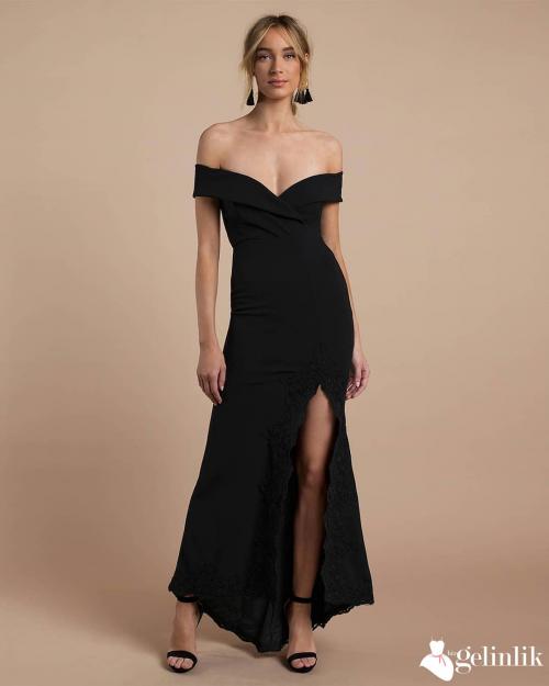 Kayık Yaka Yırtmaçlı Siyah Abiye