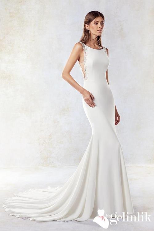 Balık Model Sade Saten Kolsuz Gelinlik