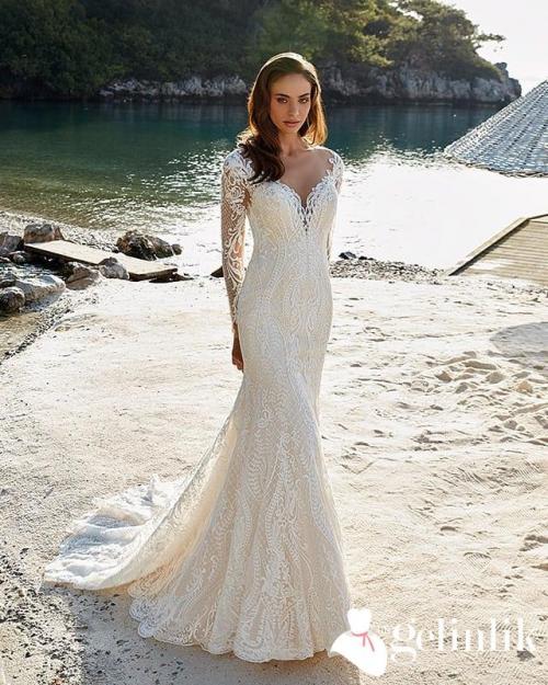 Uzun Kollu M Yaka Balık Model Gelinlik