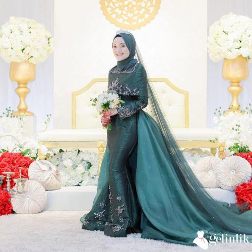 Çiçek Süslemeli Balık Model Yeşil Tesettür Nişanlık