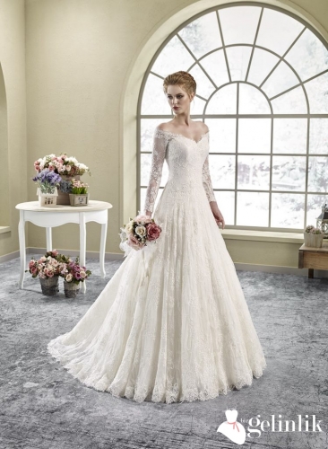 Kayık Yaka Dantel Tül Uzun Kollu Kaburga Gelinlik Modeli