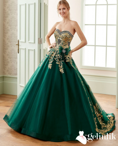 Straplez Çiçek Süslemeli Straplez Yeşil Nişanlık