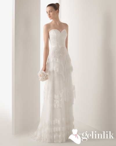 Düz Kesim Straplez Dantel Motifli Gelinlik