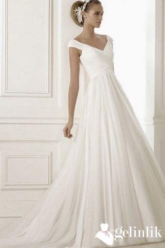 Drapeli Kayık Yaka Gelinlik