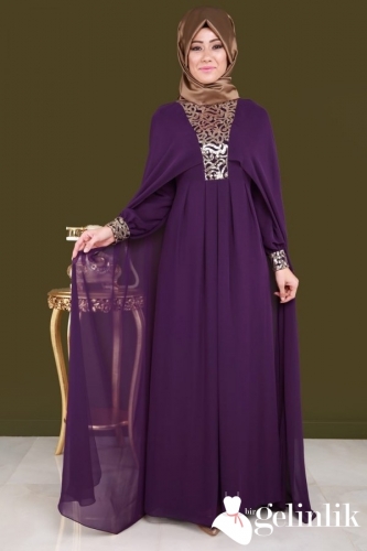 Tesettür Sade Şifon Uzun Kollu Abiye Modeli