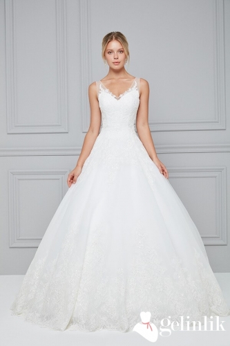 V Yaka Dantel A Kesim Gelinlik Modeli