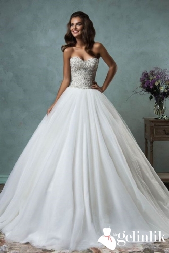 Taş Süslemeli Prenses Model Straplez Gelinlik