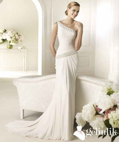 Tek Omuzlu Dar Kesim Sade Gelinlik