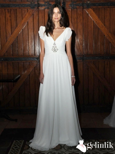 V Yaka Sade Saten Dar Kesim Gelinlik Modeli