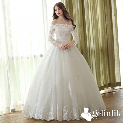 Uzun Kollu Dantel Motifli Kayık Yaka Prenses Gelinlik