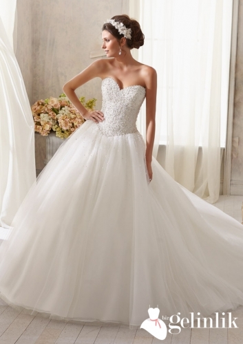 İnci Taşlı Straplez Prenses Model Gelinlik