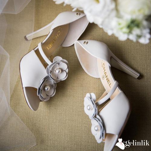 Chanel Çiçek Desenli Topuklu Gelin Ayakkabısı
