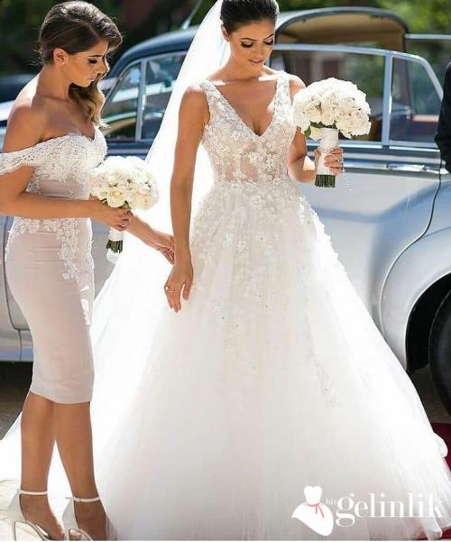 2018 Çiçek Desenli A Kesim Gelinlik