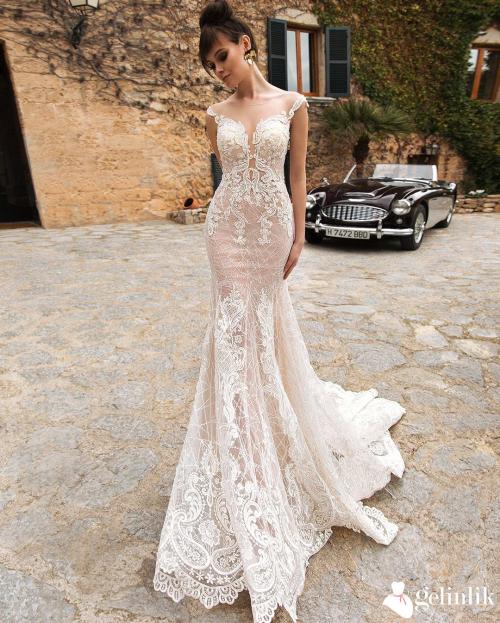 Dantel Süslemeli Transparan Balık Gelinlik