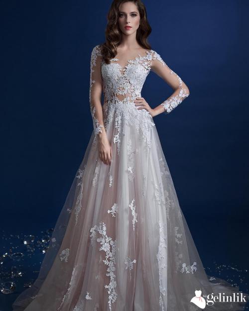 Transparan Omuzlu A Kesim Gelinlik Modeli