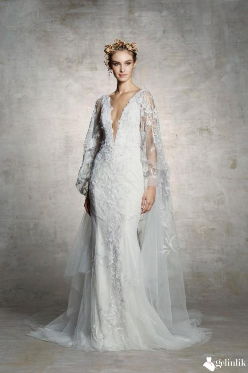 Dantel Süslemeli V Yaka Balık Gelinlik