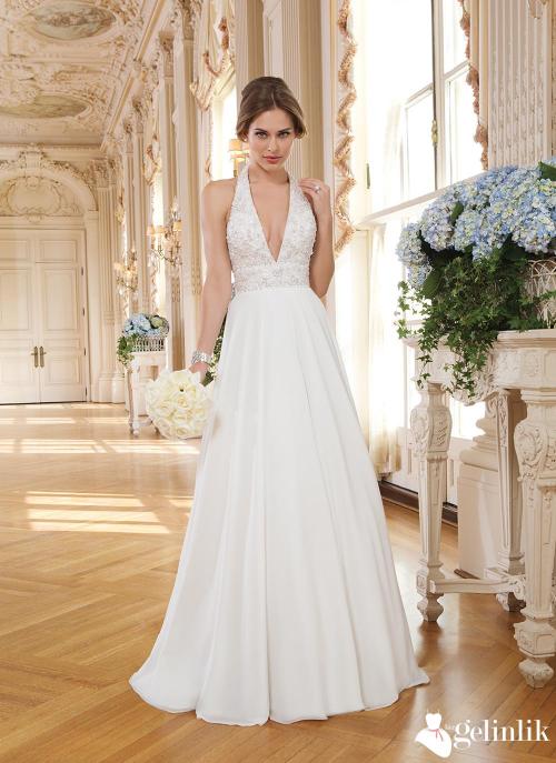 Sırtı Açık Taş Süslemeli Derin Dekolteli Salaş Gelinlik