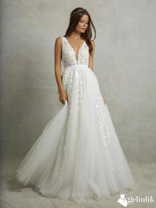 Dantel Süslemeli Askılı Salaş Model Tül Gelinlik